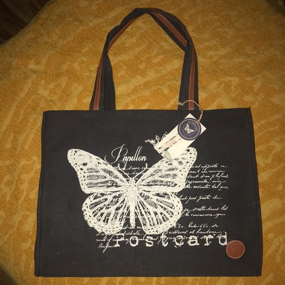 Le Papillon-Postcard vintage dark gray canvas/leather butterfly tote NWT LAST 1! - Picture 3 of 9